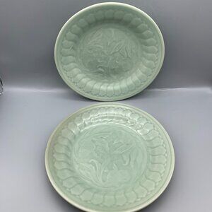 Green Glazed Chinese Longquan Celadon 8 1/2" Plates with Embossed Koi Fish
